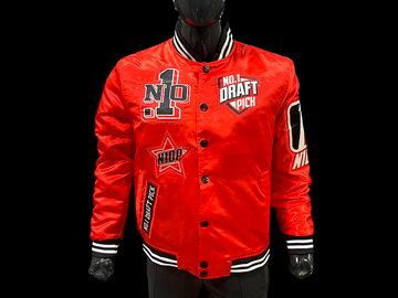 Unisex red satin jacket featuring white “Chicago” embroidery, snap-button front, ribbed trim, and vintage streetwear style