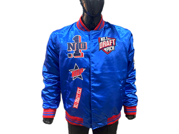 Unisex royal blue satin jacket featuring Chicago/Cubs embroidery, ribbed trim, snap-button front, and retro sportswear style