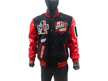 Unisex varsity jacket with black/red wool body, lambskin leather sleeves, and Chicago-ATL embroidery – luxury streetwear outerwear with snap-button front