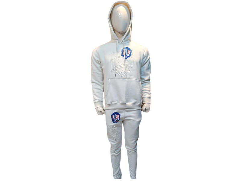 Unisex off-white hoodie and jogger set with tonal embossed logo, relaxed fit, and minimalist design for everyday streetwear