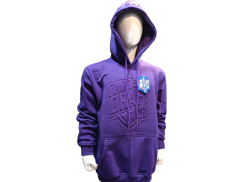 Unisex purple hoodie with embossed front logo, relaxed fit, and kangaroo pocket for casual or streetwear styling

