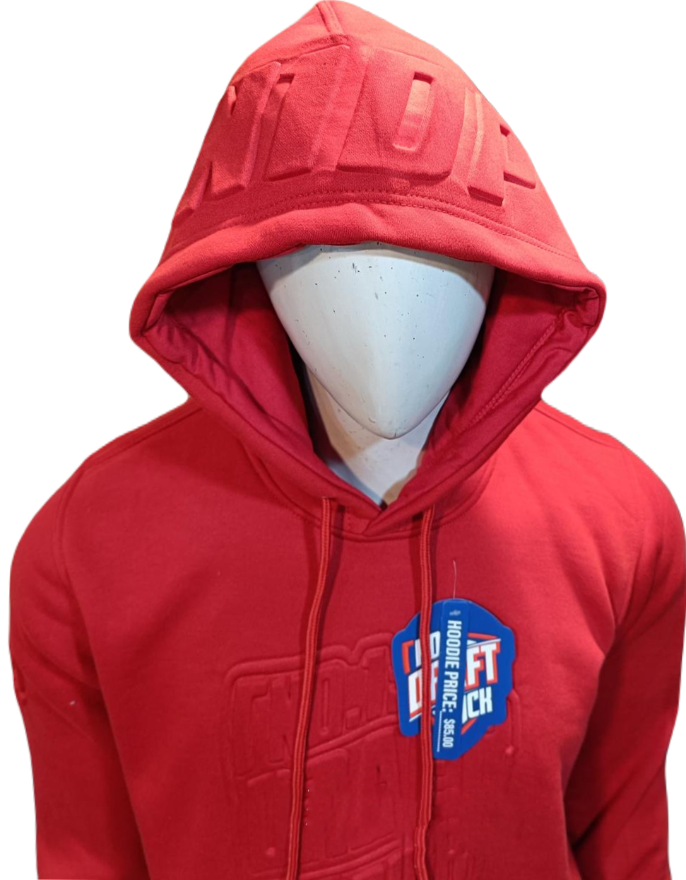 Unisex red hoody with tonal embossed logo, drawstring hood, kangaroo pocket, and ribbed cuffs for a modern casual look