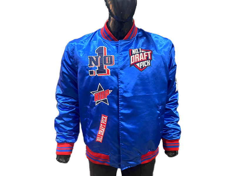 Unisex royal blue satin jacket featuring Chicago/Cubs embroidery, ribbed trim, snap-button front, and retro sportswear style