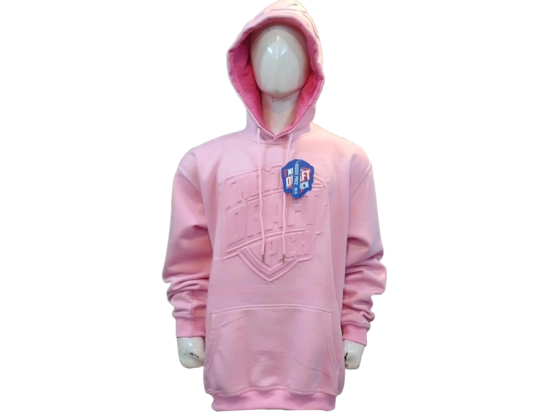 Unisex soft pink hoodie featuring an embossed chest logo, relaxed fit, and kangaroo pocket for everyday or streetwear looks
